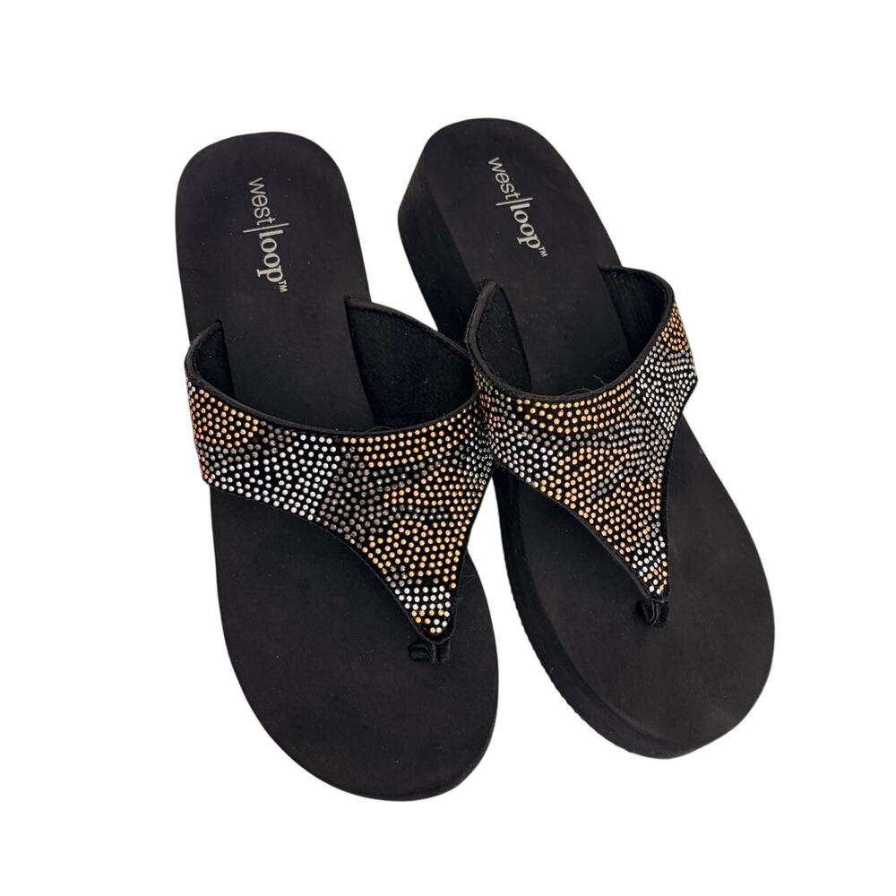 West Loop Black Wedge sandals beaded rhinestone Y2K style flip flops 7.5